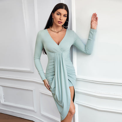 Long Sleeve V-Neck Slim Fit Hips Ruched Dress Wholesale Dresses