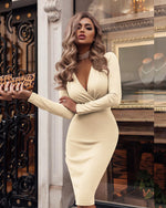Sexy Women  Long-Sleeved Deep V-Neck Solid Color Tight Dress Wholesale