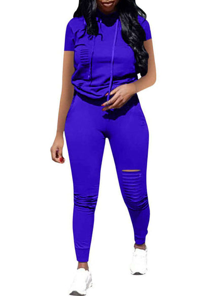 Solid Color Short Sleeve Tops With Hooded & Pants Activewears Womens 2 Piece Sets Wholesale Wholesale Workout Clothes