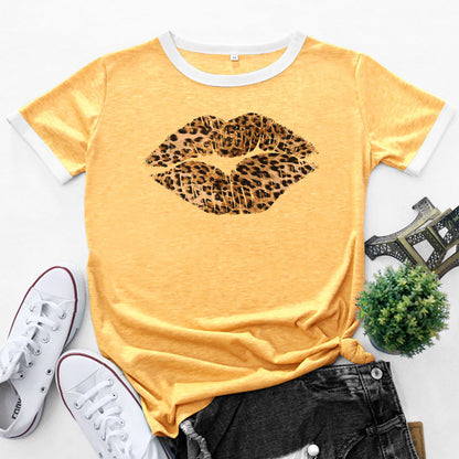 Patchwork Contrast Lip Leopard Print Tops Loose Short Sleeve Crew Neck Womens T Shirts Wholesale