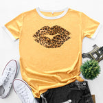 Patchwork Contrast Lip Leopard Print Tops Loose Short Sleeve Crew Neck Womens T Shirts Wholesale
