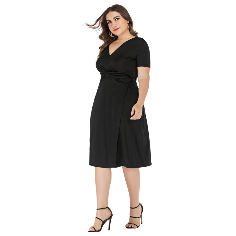 Short Sleeve V-Neck Slit Midi Curvy Dresses Wholesale Plus Size Clothing