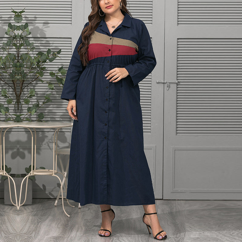 Fashion Geometric Contrast Dress Long Sleeve Lapel Single-Breasted Wholesale Plus Size Clothing
