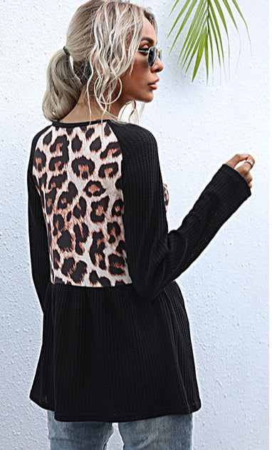 Casual Stitching Leopard Tops Loose Crew Neck Wholesale Womens Long Sleeve T Shirts