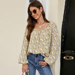 Square Neck Floral Print Balloon Sleeve Shirt Wholesale Womens Tops