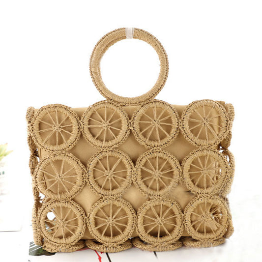 Hollow Woven New Round Square Hand-Held Straw Wholesae Casual Womens Bag