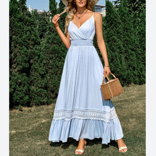 Sexy Solid Color Waist V-Neck Suspender Swing Dress Wholesale Maxi Dresses