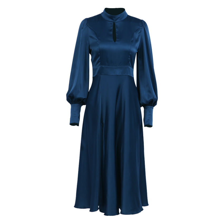 Stand Collar Long Sleeve Cutout High Waist Satin Dress Wholesale Dresses