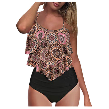 Leopard Print Women'S Swimsuit With Chest Pads Ruffles Fashion Tankini Swimwear Wholesale Vendors