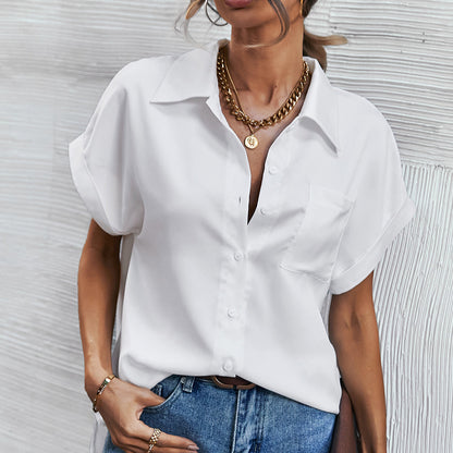 Fashion V Neck Lapel Blouse Single-Breasted Solid Color Loose Short Sleeve Womens T Shirts Wholesale