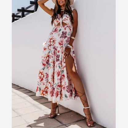 Floral Print Cut Out Resort Ruffled Swing Dress Wholesale Maxi Dresses