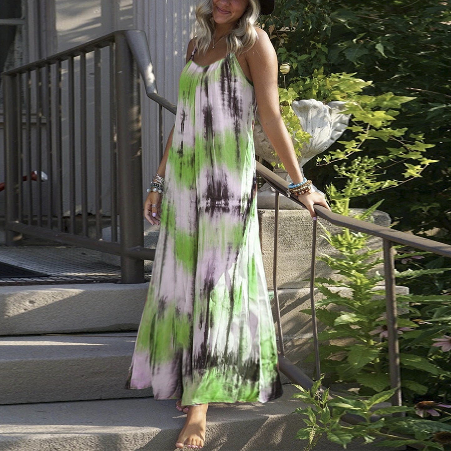 Open Back Tie Dye Print Sling Dress Casual Beach Wholesale Maxi Dresses