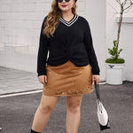 Wholesale Plus Size Women Clothing Small V-Neck Pullover Color-Blocking Long-Sleeved Cross-Knotted Sweater