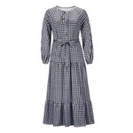 Wholesale V-Neck Lace Up Plaid Maxi Dress with Belted