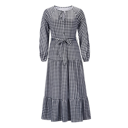 Women V-neck Long-Sleeved Lantern Sleeve Plaid Tie Dress