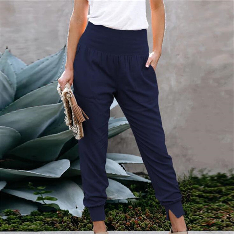 Elastic Waist Cropped Slim Fit Slit Linen Trousers Wholesale Women Pants