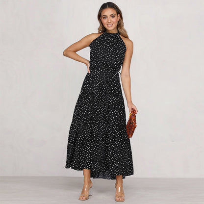 Polka Dot Print Halterneck Lace Up Wide Hem Vacation Vintage Dress Wholesale Maxi Dresses