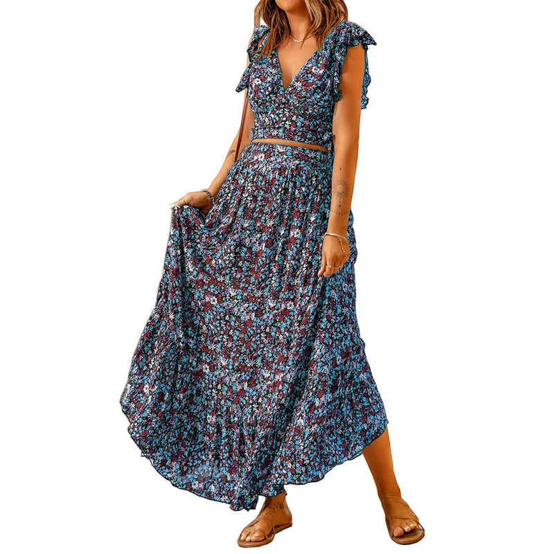 Floral Print Short Tops & Maxi Skirts Wholesale Women'S 2 Piece Sets