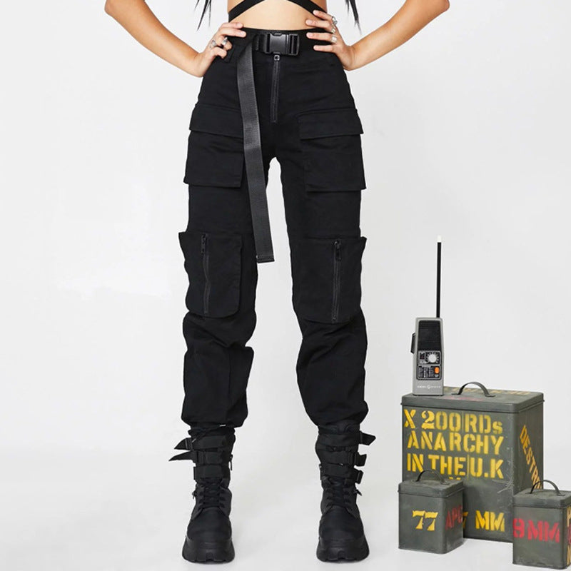 Solid Pocket Belt Up High Waist Zipper Overalls