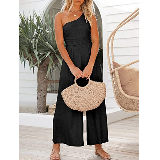 Slanted Shoulder Solid Color Pleated Wide-Leg Linen Womens Jump Suit Casual Wholesale Jumpsuits