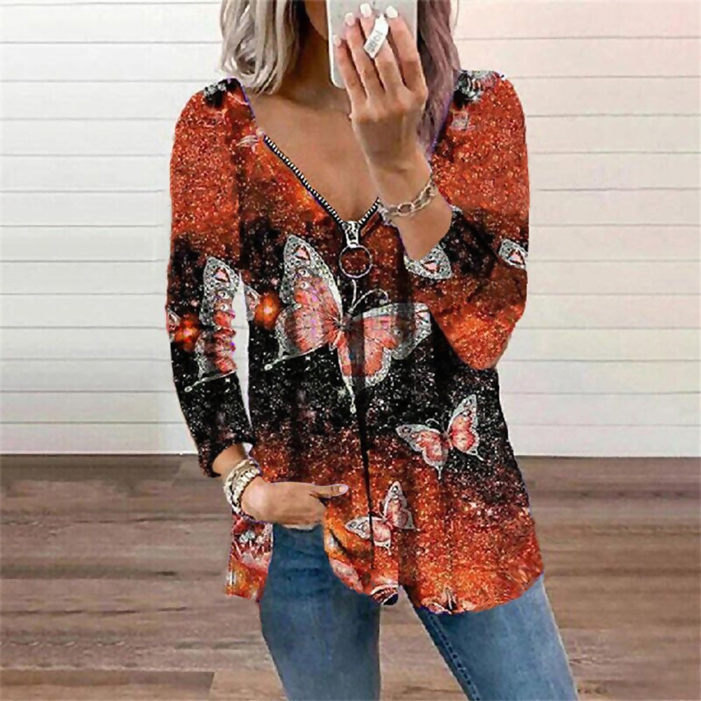 Zipper Butterfly Print Long Sleeve V Neck Wholesale Blouses For Women