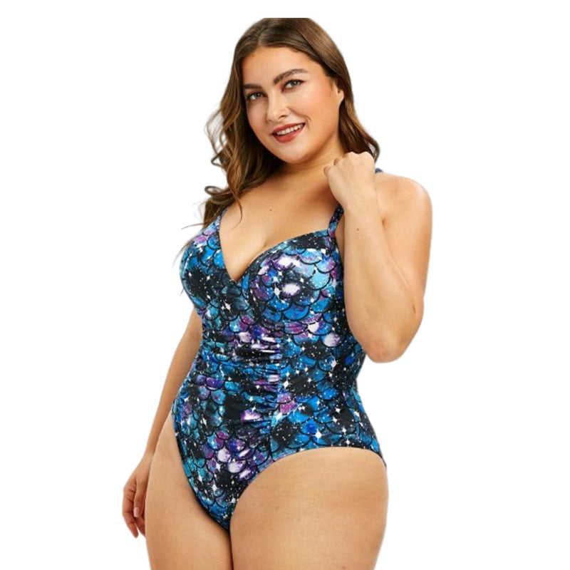 Sleeveless Star Blue Halterneck Low Cut Wholesale Plus Size Swimwear For Women