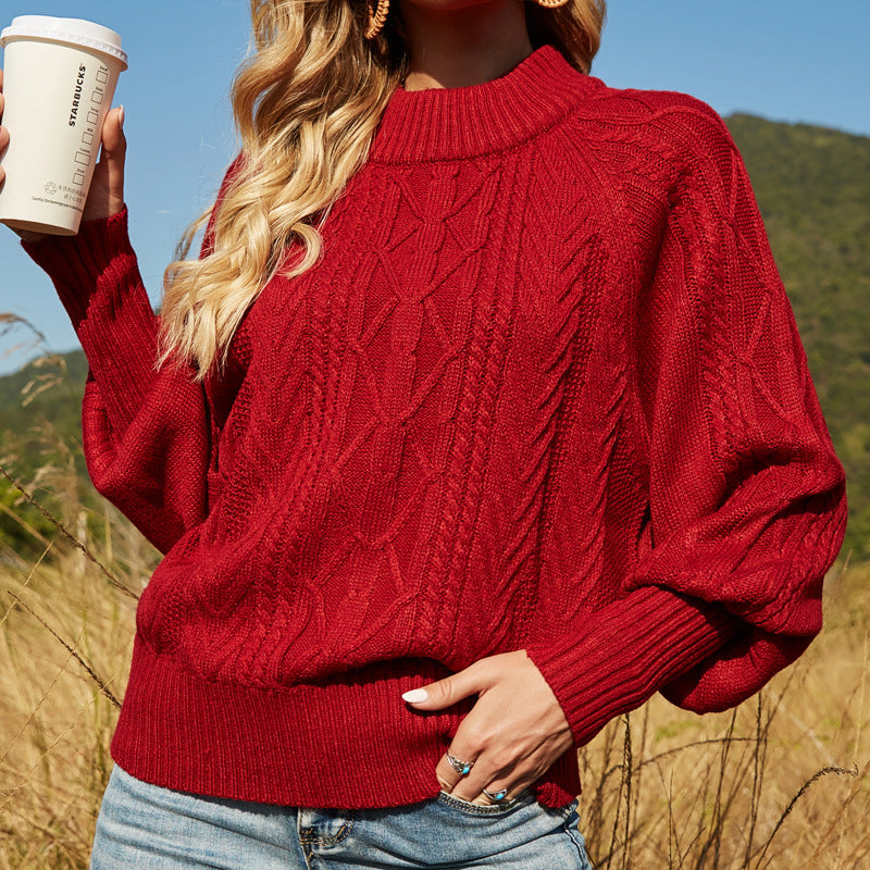 Autumn And Winter Round Neck Lantern Sleeve Solid Color Sweater