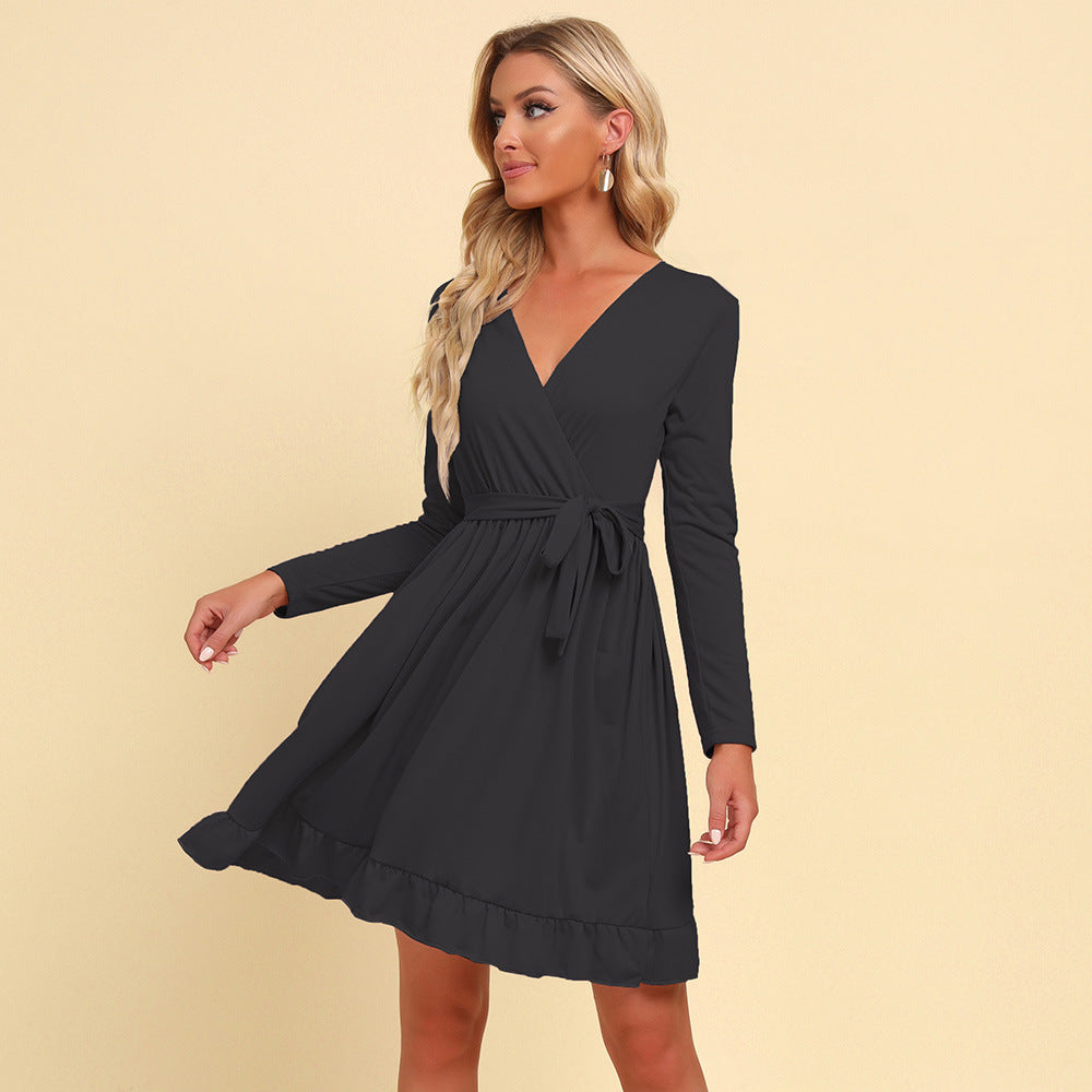 Solid Color Long Sleeve V Neck Tie Waist Wholesale Swing Dresses