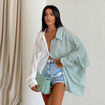 Button Down Loose Batwing Sleeve Colorblock Long Shirt