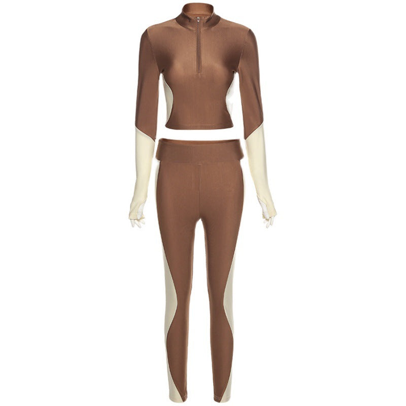 Patchwork Slim Long Sleeve Crop Top + Leggings Wholesale Activewear Sets