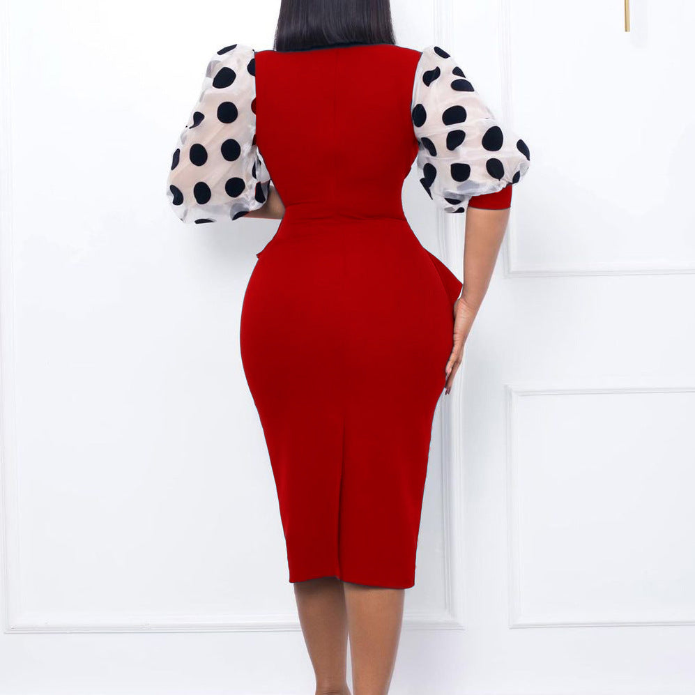 Fashion Polka Dot Mesh V-Neck Bodycon Pencil Dress Wholesale Dresses