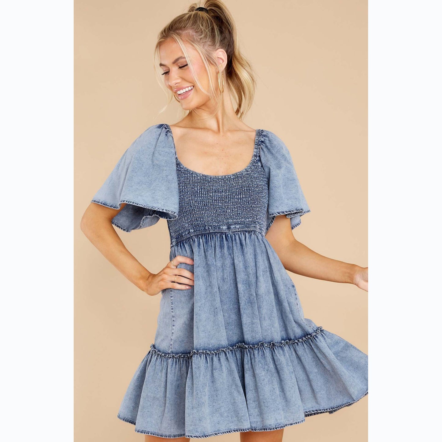 Sexy U Neck Denim Swing Dress Casual Short Sleeve Solid Color Wholesale Dresses