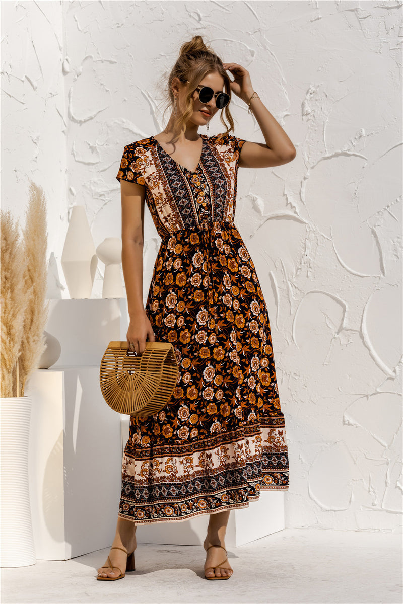Ethnic Style Print Short-Sleeve Vacation V Neck Swing Boho Dress Casual Wholesale Bohemian Dress For Women