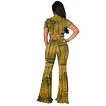 Trendy Denim Print Casual Suits Short Sleeve Tight Crop Tops & Flared Trousers Wholesale Womens 2 Piece Sets