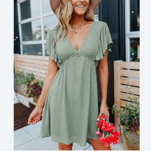 Swiss Dot Ruffle Sleeve Deep V Neck Backless Wholesale T-shirt Dresses Summer