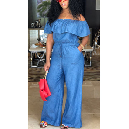 Summer Off Shoulder Ruffles Lace Up Elastic Waist Wide-Leg Denim Maxi Jumpsuits Fashion Wholesale Rompers