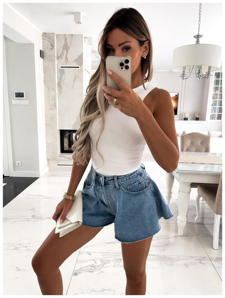 Fashion High Waist Denim Shorts Wide Legs Solid Color Short Pants Wholesale Clothing For Women