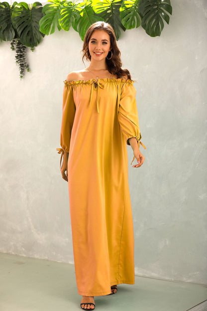 Off Shoulder Solid Color Lantern Sleeve Ruffles Loose Dress Casual Wholesale Maxi Dresses