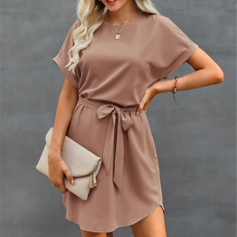 Summer Loose Solid Color Lace-Up Short Sleeve Midi Dresses Business Casual T Shirt Dress Wholesale SD531307