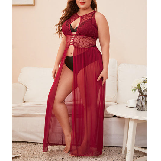 Sexy Lace Mesh Sheer Hollow Out Sleeveless High Slit Wholesale Plus Size Lingerie For Women