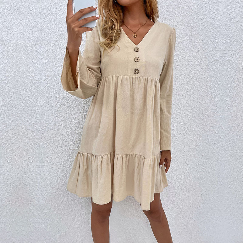 Button Flared Sleeves V Neck Cotton And Linen Dress Women Clothing Wholesale