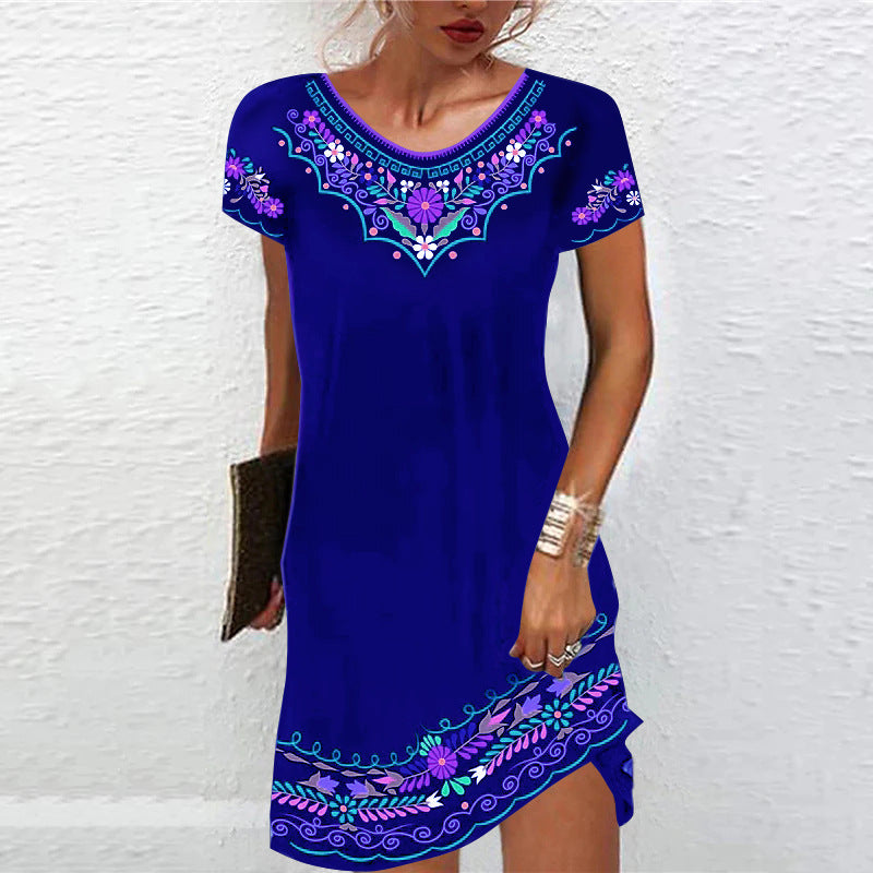 Casual Ethnic Style Print Dress Crew Neck Short Sleeve Wholesale Dresses
