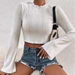 Sexy Pleated Top Slim Flared Sleeve Solid Color Wholesale Crop Tops