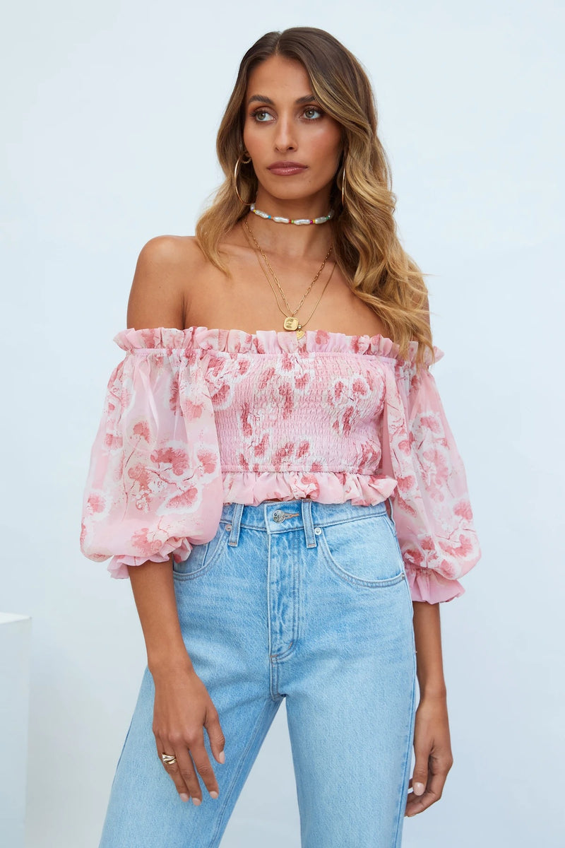 Floral One-Word Collar Puff Sleeves Slim Fit Shirring Clavicle Chiffon Crop Tops Wholesale Women Tops