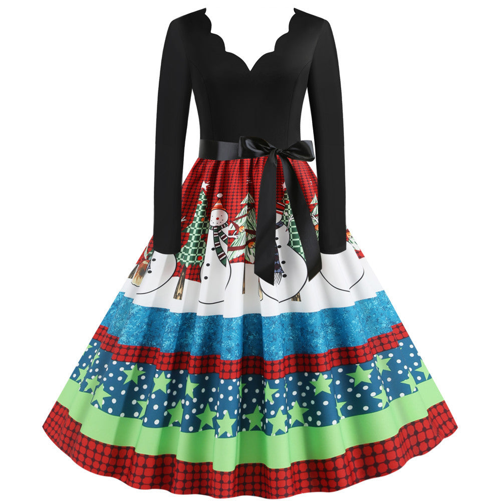 Christmas Retro V-Neck Print Big Swing Dress