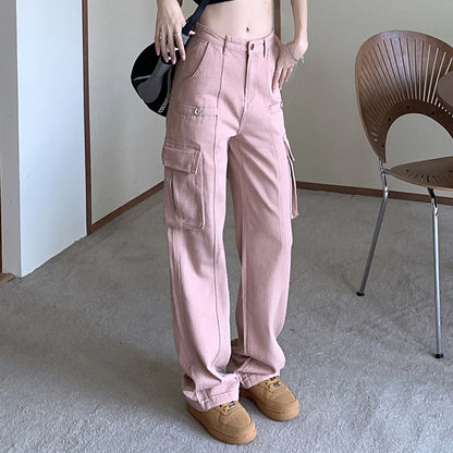 Retro Loose High-Waisted Wide-Legged Multi-Pocket Denim Cargo Pants Wholesale Jeans