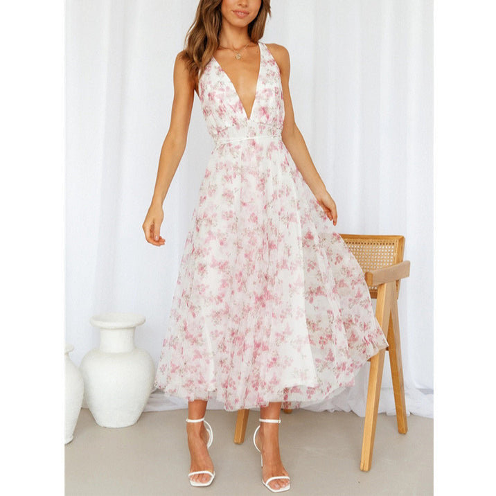 Floral Print Deep-V Backless High Waist Beach Sleeveless Swing Dress Sexy Vacation Wholesale Maxi Dresses