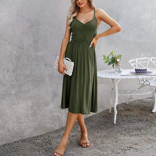 Solid Color Spaghetti Strap Sleeveless Backless Wholesale Midi Dresses