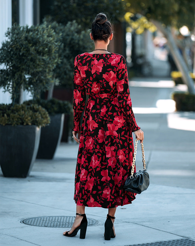 V-Neck Floral Print Long-Sleeve Wrap Dress Wholesale Dresses