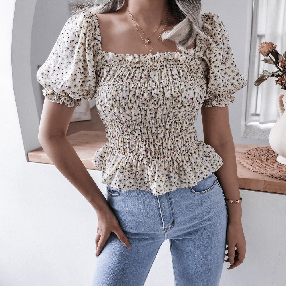 Floral Printed Square Neck Ruffles Puff Sleeve Chiffon Womens Tops Casual Wholesale T Shirts